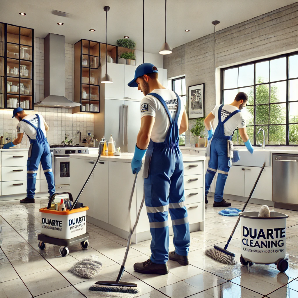 Workers in Duarte-branded uniforms cleaning a modern home in Tampa, FL, wiping down kitchen counters and sweeping debris from tiled floors with cleaning tools nearby