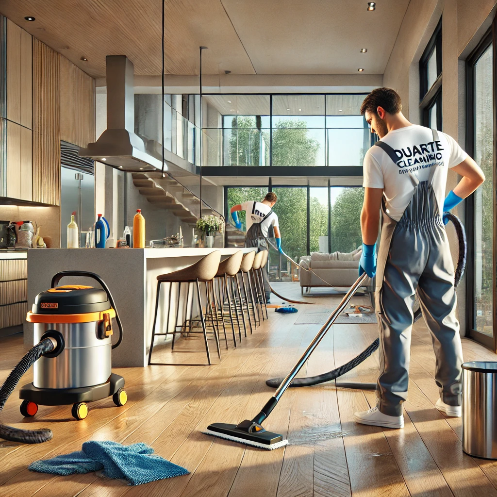 Workers in Duarte-branded uniforms vacuuming hardwood floors and cleaning glass panels in a modern open-concept home in Tampa, FL, with floor-to-ceiling windows