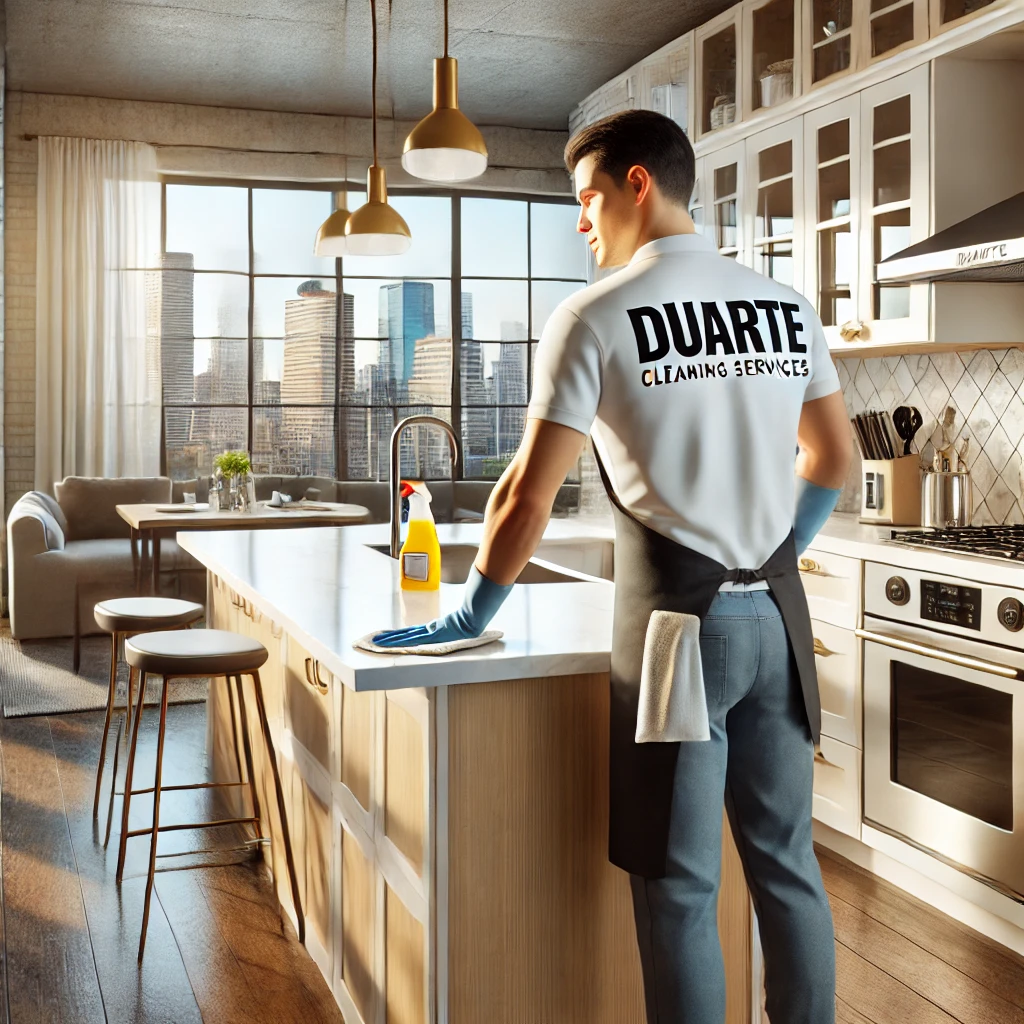 A cleaner in a Duarte-branded uniform wiping a marble kitchen countertop in a modern Tampa apartment with white cabinets, stainless steel appliances, and a view of the city skyline