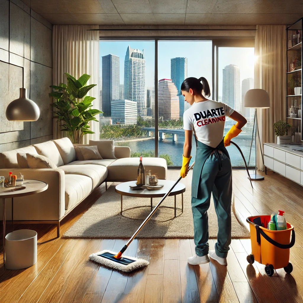 A cleaner in a Duarte-branded uniform mopping hardwood floors in a modern living room in Tampa, FL, featuring a beige sofa, a round coffee table, and large windows with a view of the skyline.