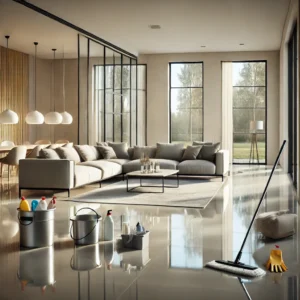 A modern living room cleaned by Duarte Cleaning Services in Tampa, FL, featuring spotless floors, polished surfaces, dust-free windows, and neatly arranged cleaning supplies.