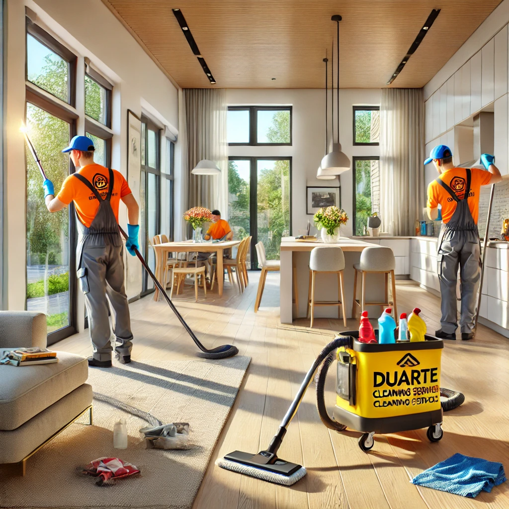 Workers in Duarte-branded uniforms cleaning windows and vacuuming debris in a newly built modern home in Tampa, FL, featuring large windows and a contemporary kitchen