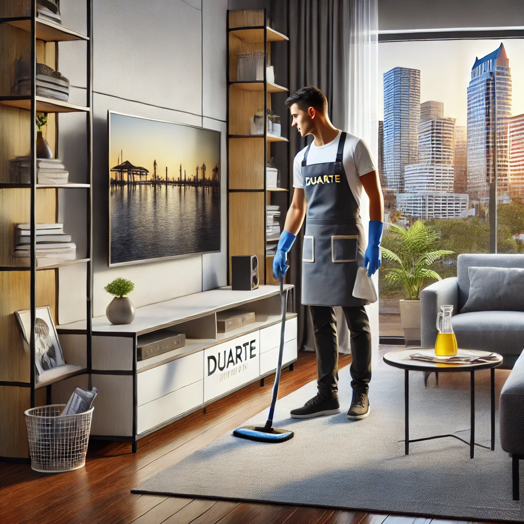 A cleaner in a Duarte-branded uniform dusting a modern entertainment unit in a Tampa apartment, featuring a flat-screen TV, decorative shelves, and a view of the Tampa skyline through a large window
