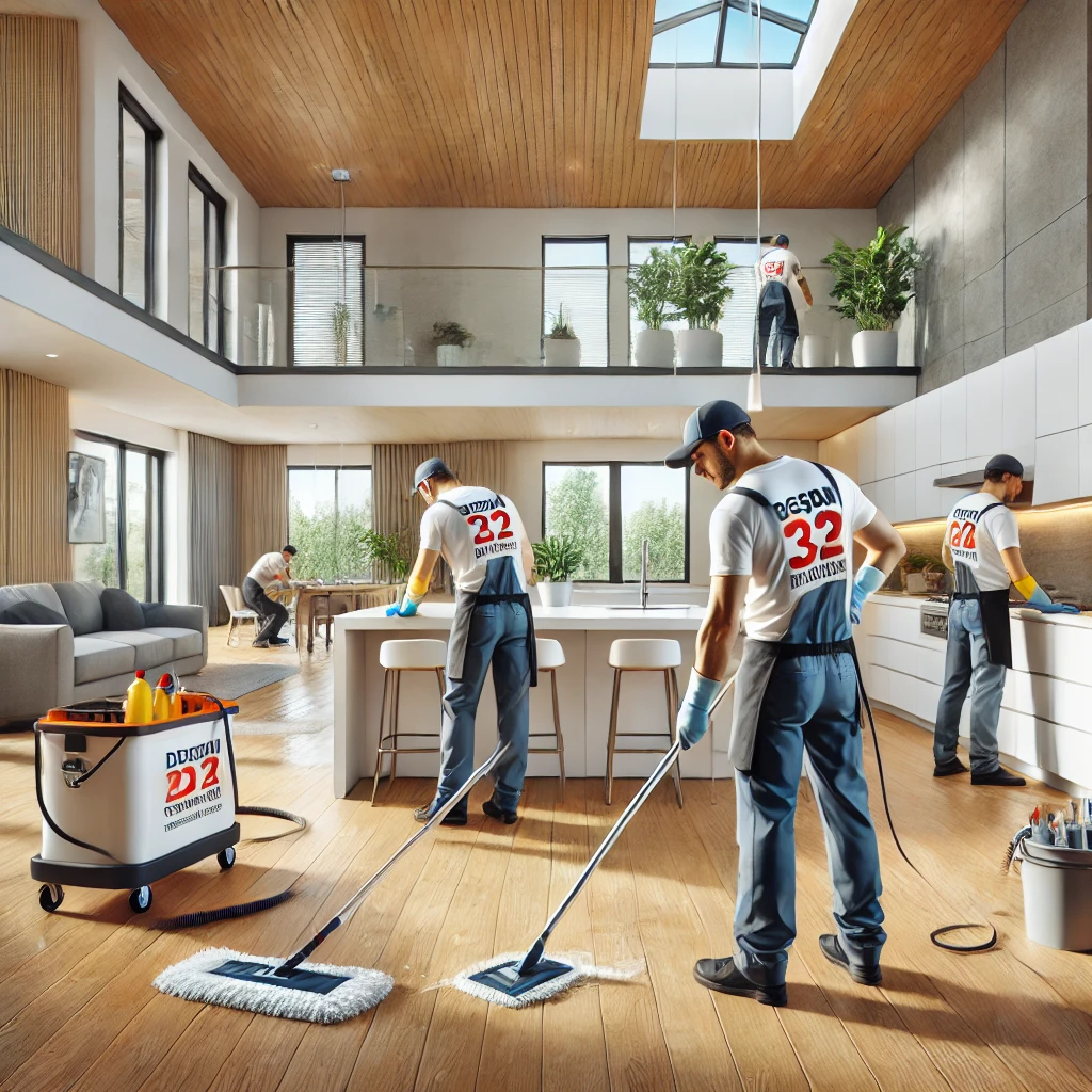 Workers in branded uniforms mopping floors and cleaning windowsills in a modern open-plan home in Tampa, FL, with white cabinets and large windows