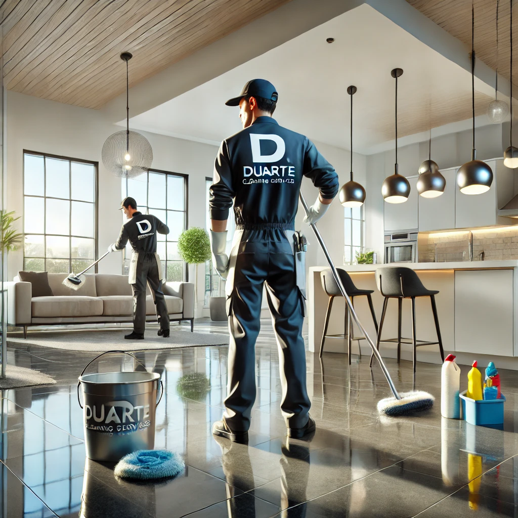 Workers in Duarte-branded uniforms scrubbing tiled floors and dusting baseboards in a newly finished modern home in Tampa, FL, with white walls and stainless steel appliances